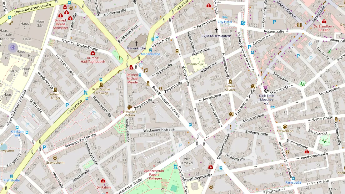 Kartenausschnitt mit der Lage der Praxis in der Ziegelstraße 46, Kaiserslautern