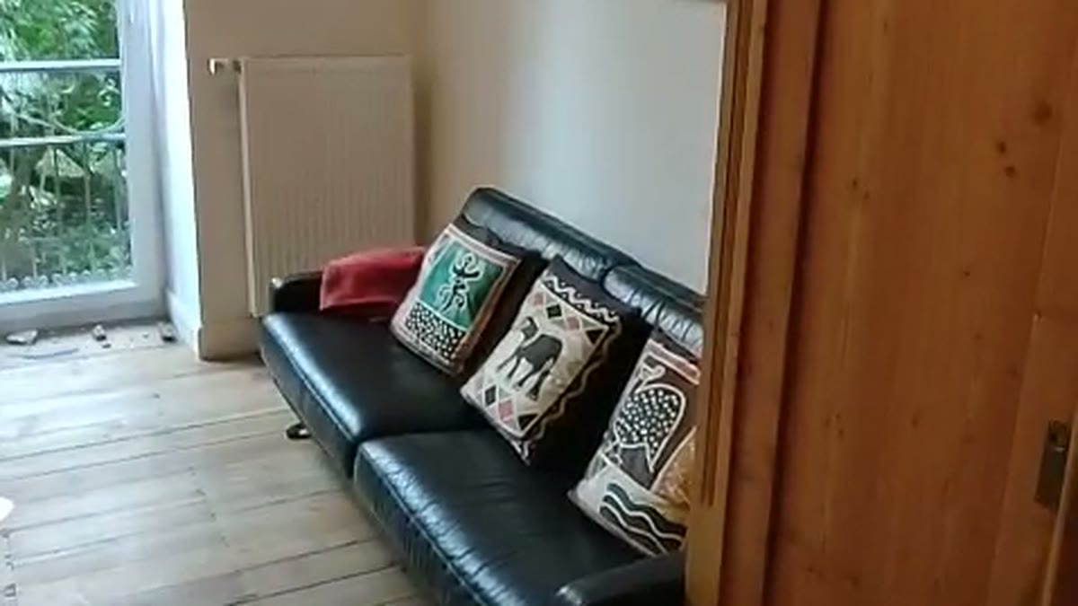 Therapieraum für Erwachsene mit Ledersofa und Fenster mit Grünblick